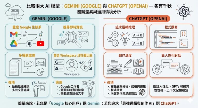 2026 年兩大 AI 模型應用場景與關鍵優勢比較：Gemini vs. ChatGPT。